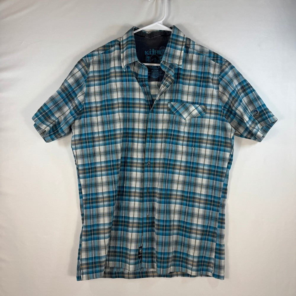 Kuhl Mens Blue Plaid Short Sleeve Button Down Shirt Hiking Outdoor Medium